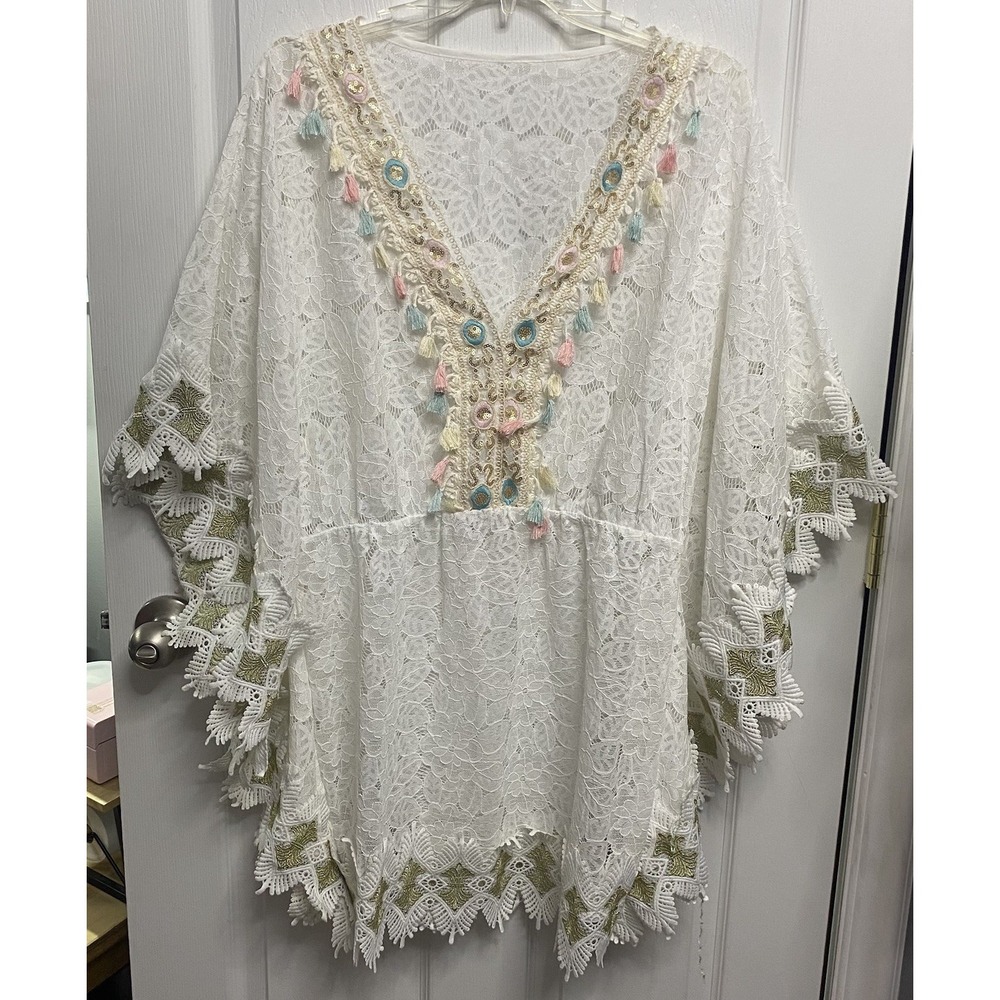 New Day S.r.l. Boho Lace White Beach Swim Cover Pool Tunic Pink Blue Tassel M-XL